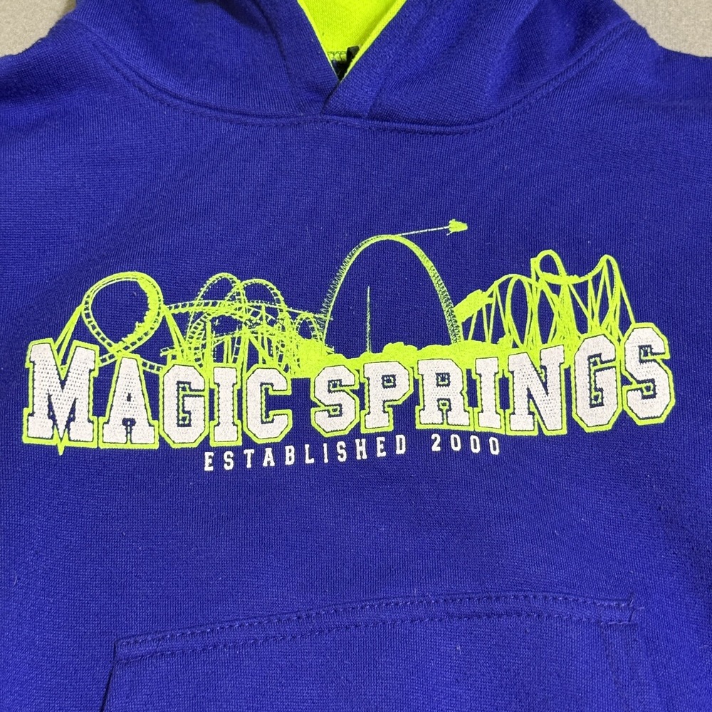 Vtg Hoodie Youth M‎ Magic Springs Blue Neon Hoodie Sweatshirt Y2K USA Puff Park